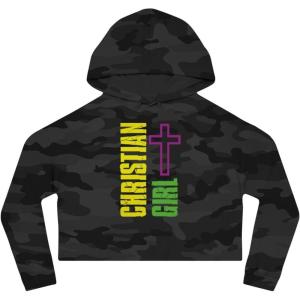 Christian Girl Women’s Cropped Hooded Sweatshirt(Black Camo)