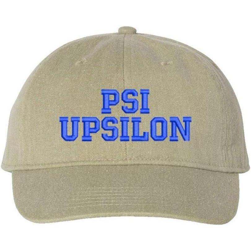 imageGreekgear Psi Upsilon Pigment Dyed Baseball CapKhaki WRoyal Thread Color