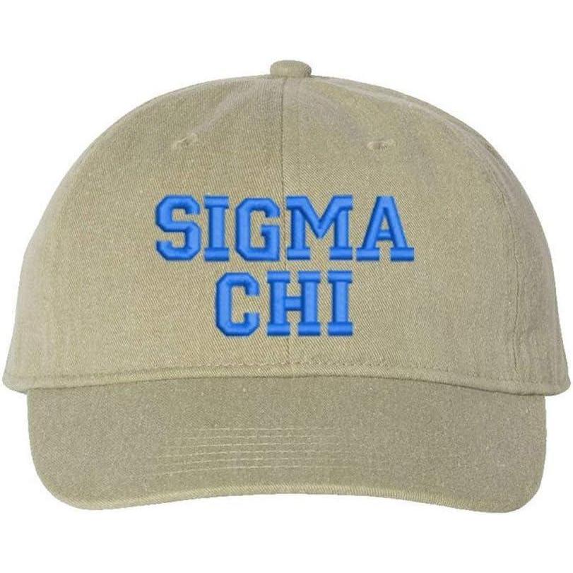 imageSigma Chi Pigment Dyed Baseball CapKhaki WRoyal Thread Color