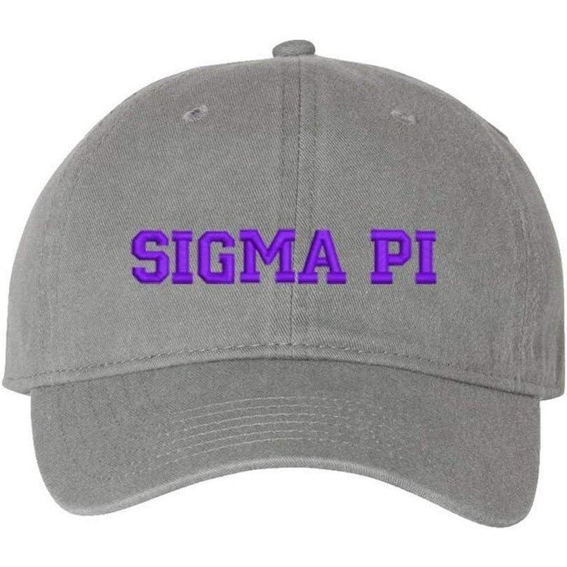 imageSigma Pi Pigment Dyed Baseball CapGrey WPurple Thread Color