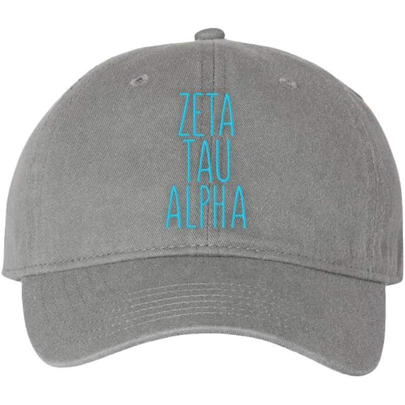 imageZeta Tau Alpha ZTA Mod Pigment Dyed Baseball CapGrey WTeal Thread Color