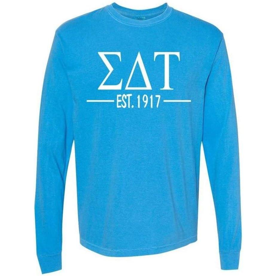 imageSigma Delta Tau Custom Greek Lettered Long Sleeve TShirtRoyal Caribe