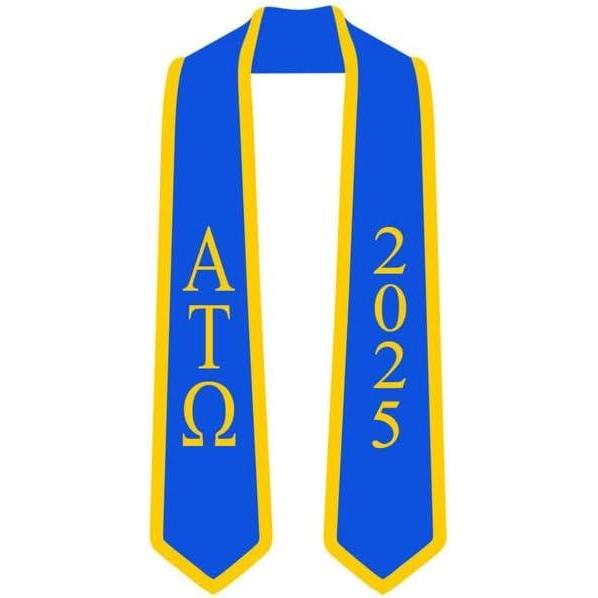 imageCustom Alpha Tau Omega Greek 2 Tone Lettered Graduation Sash Stole wYearRoyal WAthletic Gold Trim