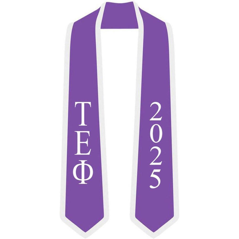 imageCustom Tau Epsilon Phi Greek 2 Tone Lettered Graduation Sash Stole wYearPurple WWhite Trim