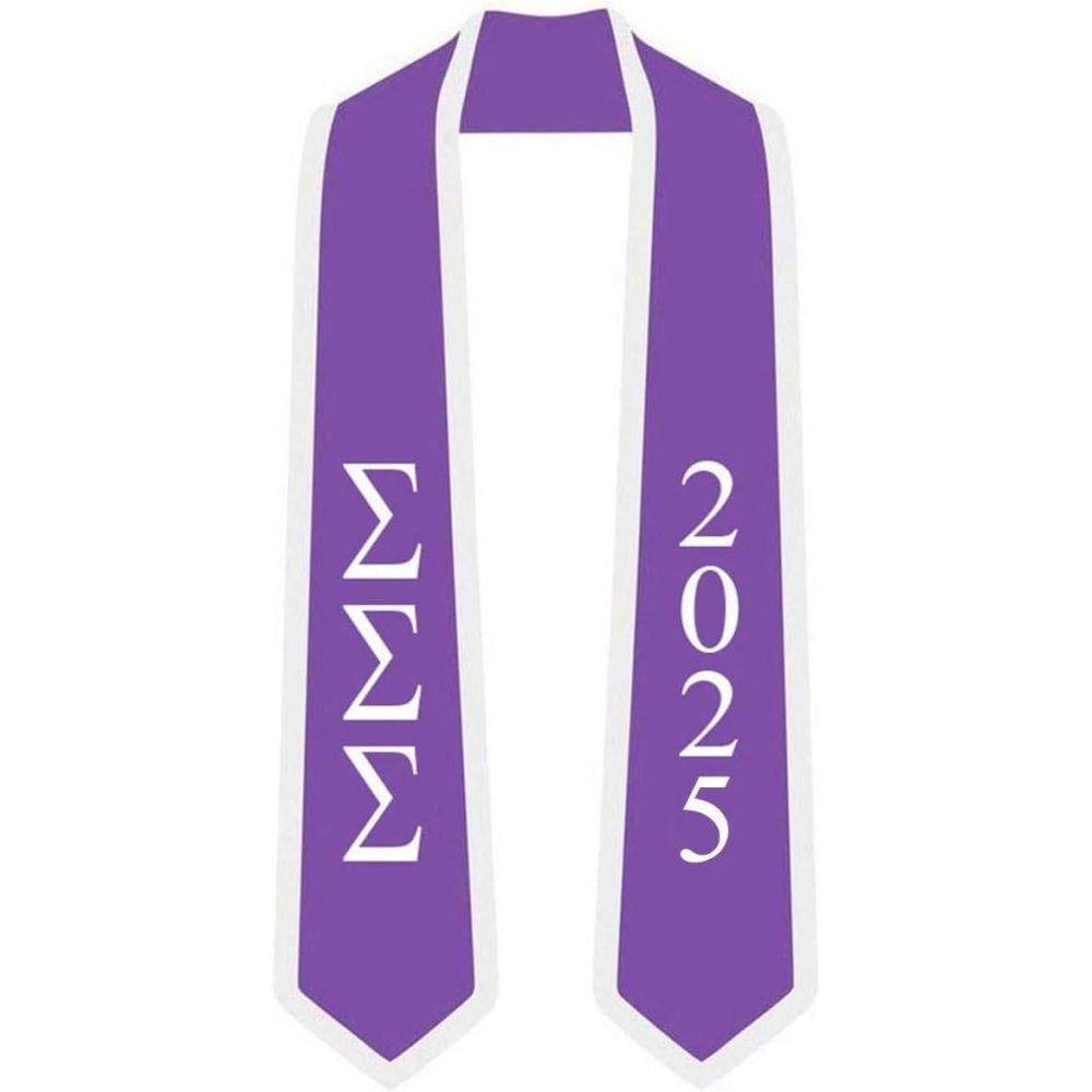 imageSigma Sigma Sigma Greek 2 Tone Lettered Graduation Sash Stole wYearPurple WWhite Trim