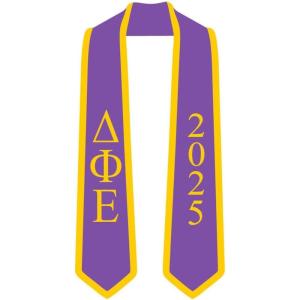 Custom Delta Phi Epsilon Greek 2 Tone Lettered Graduation Sash Stole w/Year(Purple W/Athletic Gold Trim)