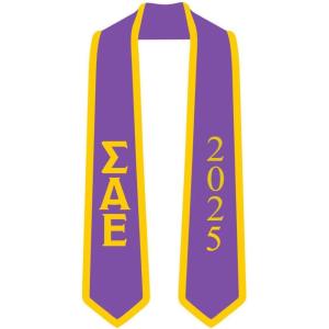 Custom Sigma Alpha Epsilon Greek 2 Tone Lettered Graduation Sash Stole w/Year(Purple W/Athletic Gold Trim)