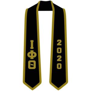 Iota Phi Theta Greek 2 Tone Lettered Graduation Sash Stole w/Year(Black W/Vegas Gold Trim)