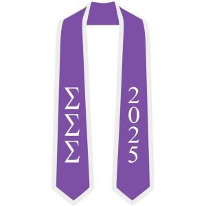 Sigma Sigma Sigma Greek 2 Tone Lettered Graduation Sash Stole w/Year(Purple W/White Trim)