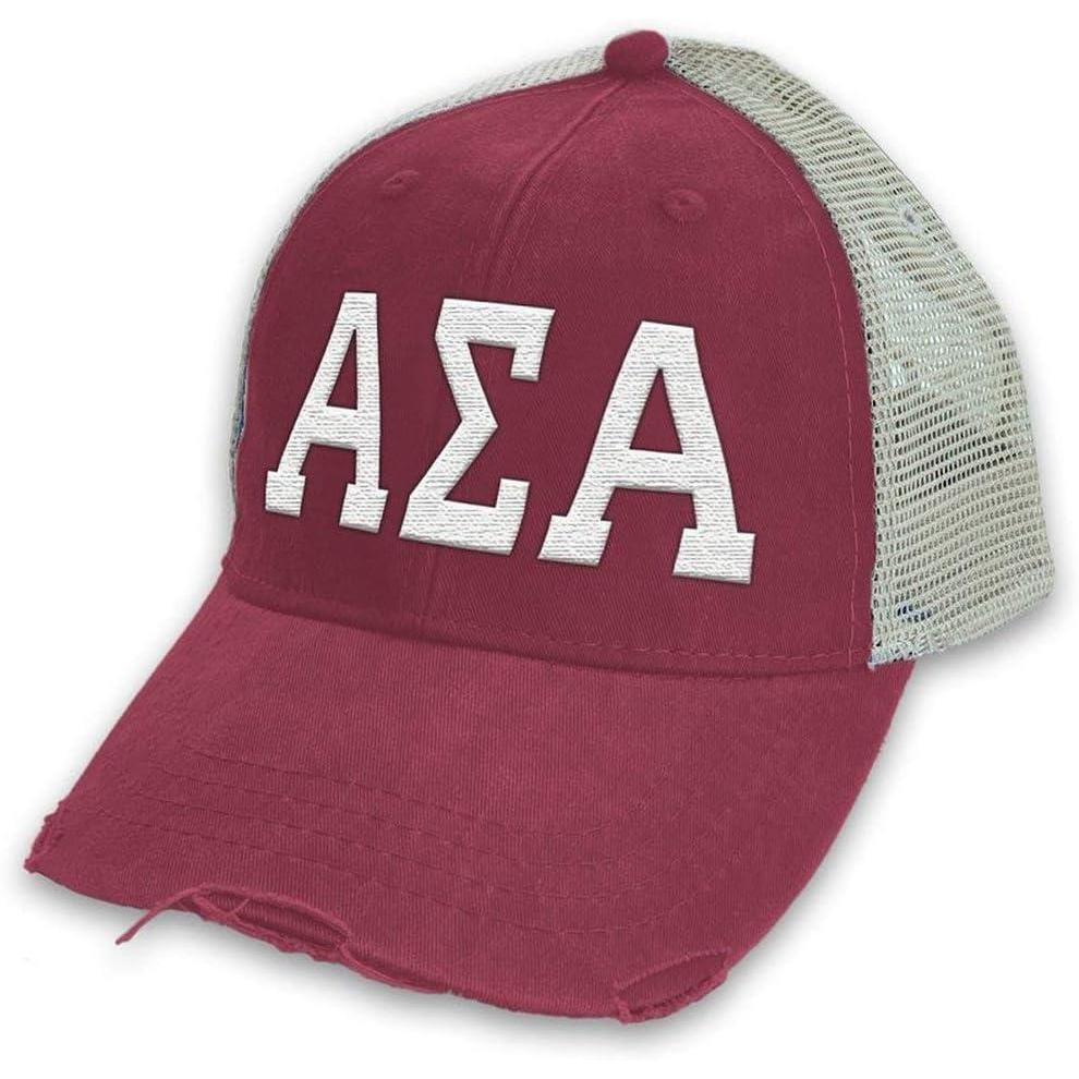 imageAlpha Sigma Alpha ASA Distressed Trucker HatBurgundy Tan