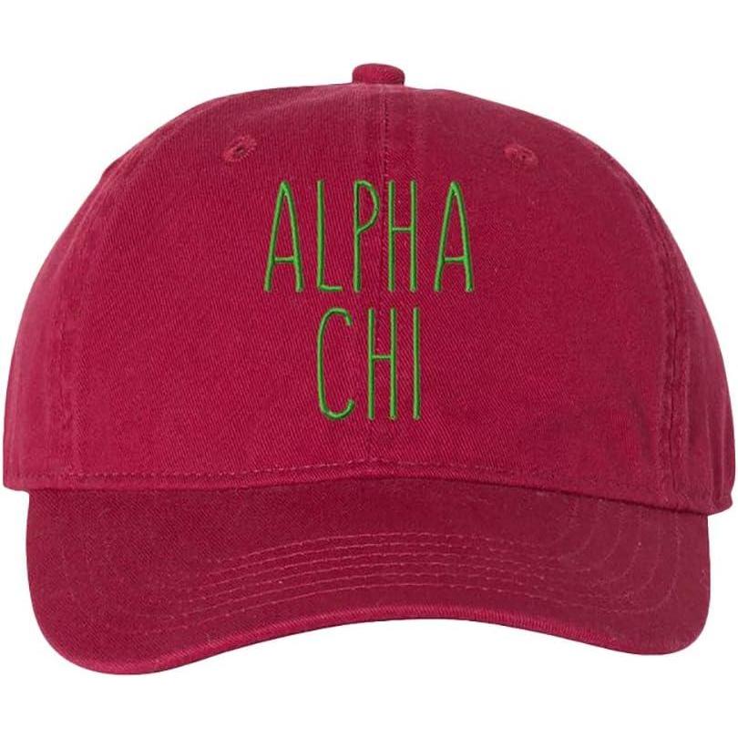 imageAlpha Chi Omega Mod Pigment Dyed Baseball CapBrick WKelly Green Thread Color