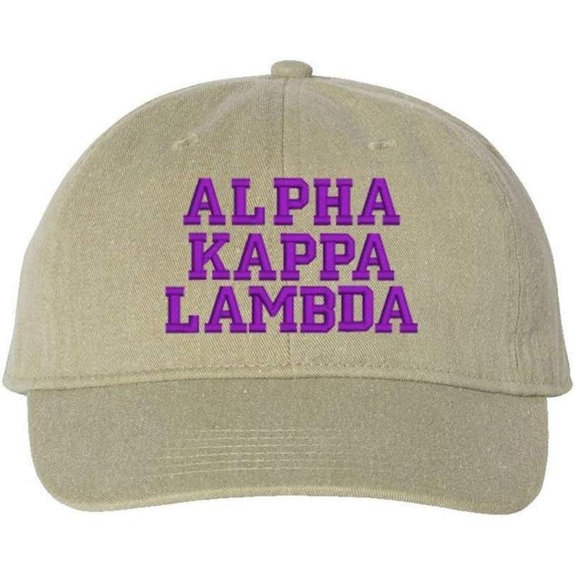 imageAlpha Kappa Lambda Pigment Dyed Baseball CapKhaki WPurple Thread Color