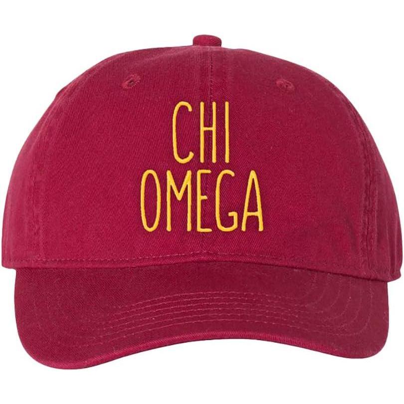 imageChi Omega Chi O Mod Pigment Dyed Baseball CapBrick WLight Gold Thread Color