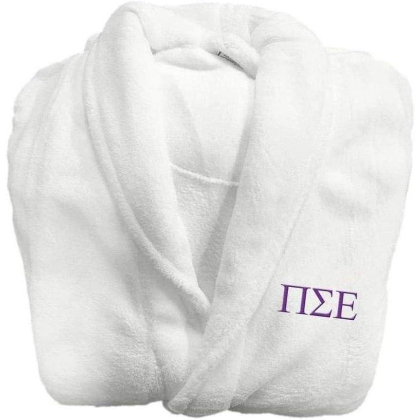 imageGreekgear Pi Sigma Epsilon Lettered Bathrobe White wPurple Imprint Color