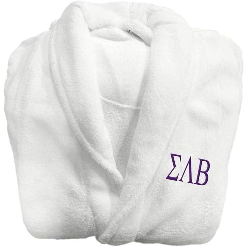 imageGreekgear Sigma Lambda Beta Lettered Bathrobe White wPurple ImprintWhite WNatural