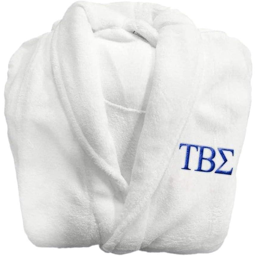 imageGreekgear Tau Beta Sigma Lettered Bathrobe White wRoyal Blue ImprintWhite WRoyal Blue
