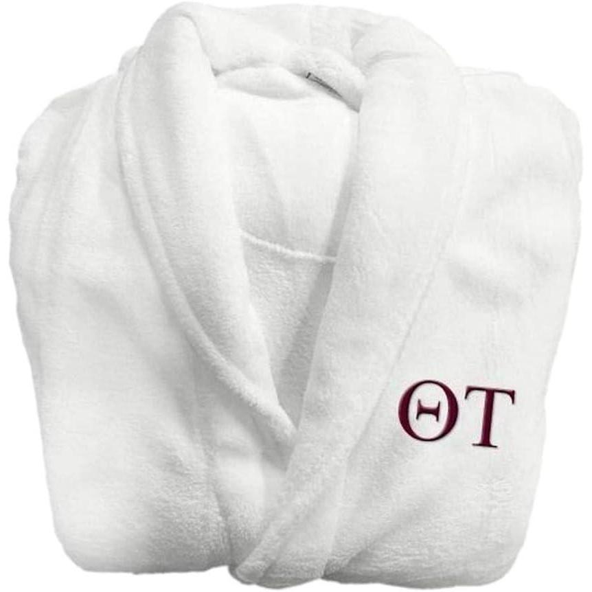 imageGreekgear Theta Tau Lettered Bathrobe White wMaroon ThreadWhite WNatural