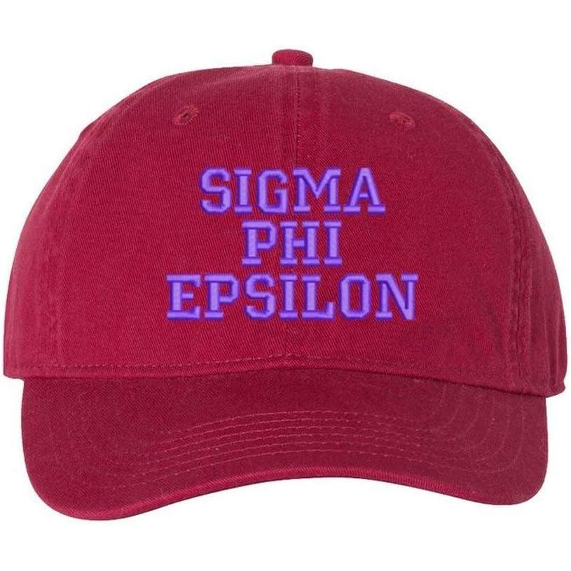 imageSigma Phi Epsilon SigEp Pigment Dyed Baseball CapBrick WPurple Thread Color
