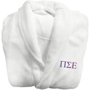 Greekgear Pi Sigma Epsilon Lettered Bathrobe White w/Purple Imprint Color
