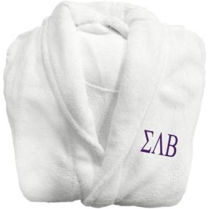Greekgear Sigma Lambda Beta Lettered Bathrobe White w/Purple Imprint(White W/Natural)