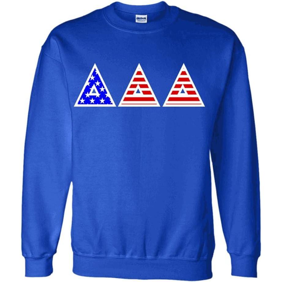 imageDelta Delta Delta Greek Letter American Flag CrewneckRoyal Blue