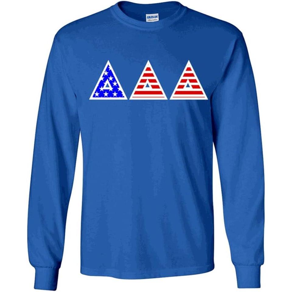 imageDelta Delta Delta Greek Letter American Flag Long Sleeve TeeRoyal Blue