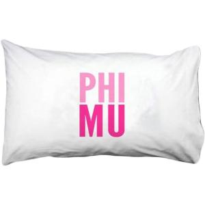 Phi Mu Name Stack Pillow Cover White w/Pink Imprint Color