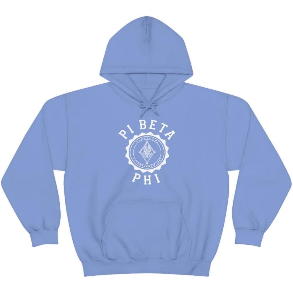 imageGreekgear Pi Beta Phi Unisex College Seal Hoodie Small BlackCarolina Blue