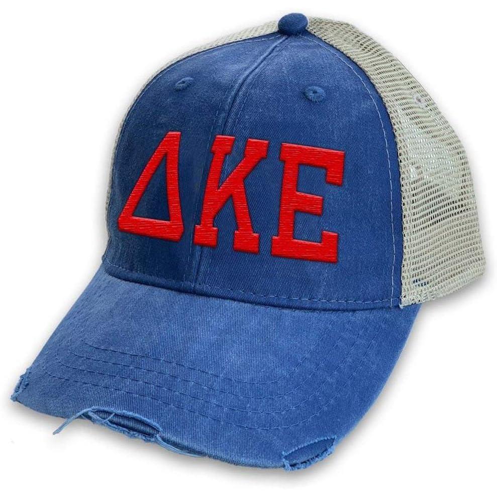 imageDelta Kappa Epsilon DKE Distressed Trucker HatRoyal Tan