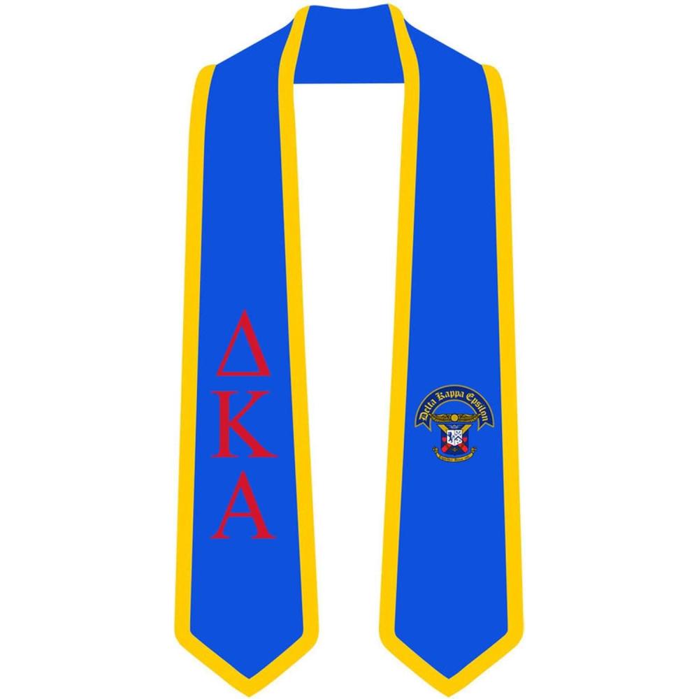 imageDelta Kappa Epsilon DKE Greek 2 Tone Lettered Graduation Sash StoleRoyal WAthletic Gold Trim