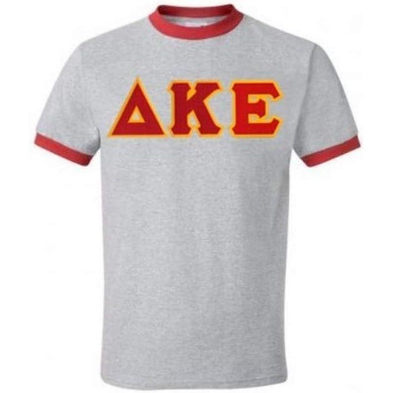 imageDelta Kappa Epsilon Lettered Ringer ShirtAthletic HeatherRed