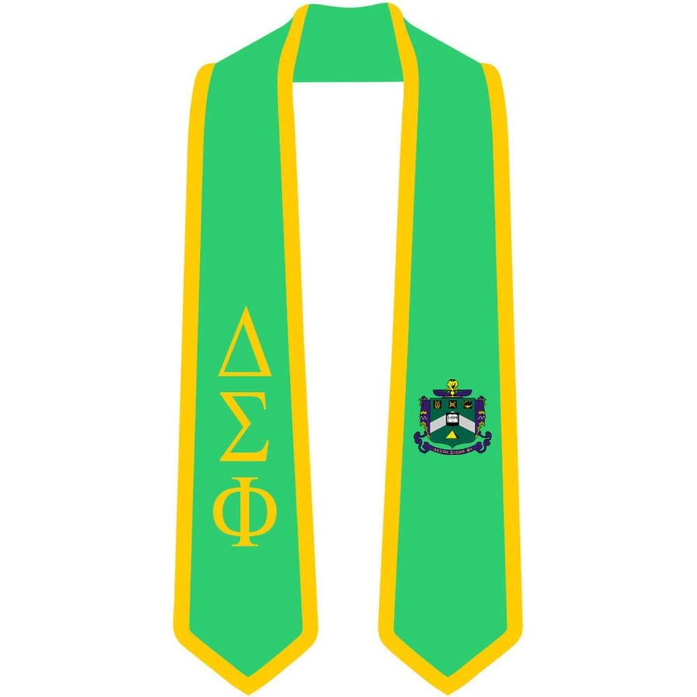 imageDelta Sigma Phi Greek 2 Tone Lettered Graduation Sash StoleKelly Green WAthletic Gold Trim