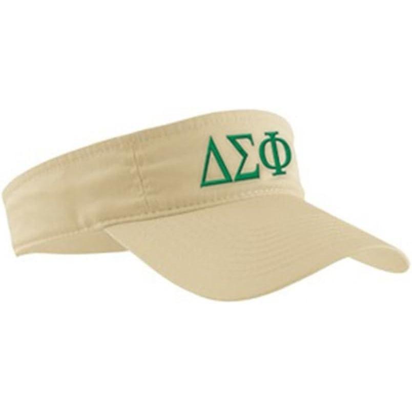 imageDelta Sigma Phi Greek Letter Visor Khaki wKelly Thread Color