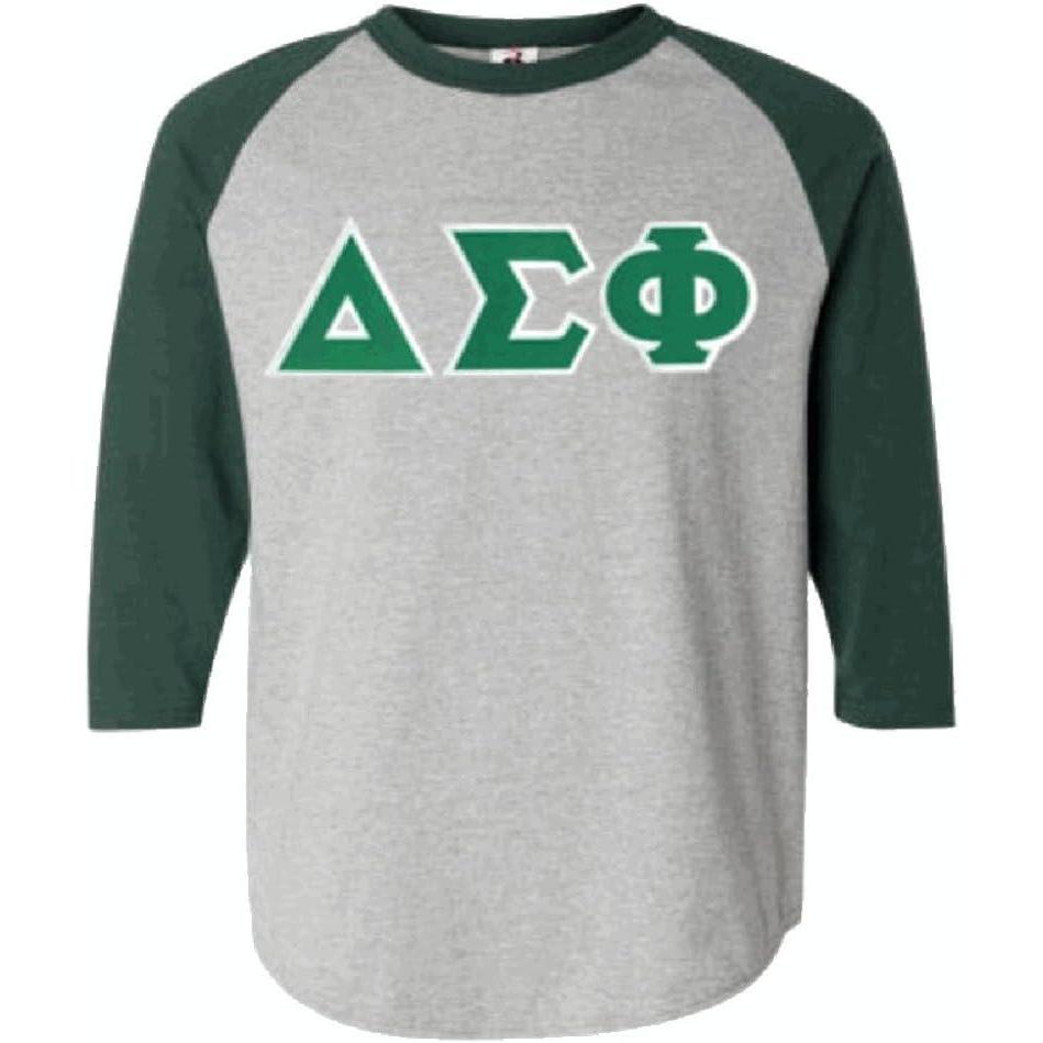 imageDelta Sigma Phi Lettered Raglan TShirtGrey WDark Green