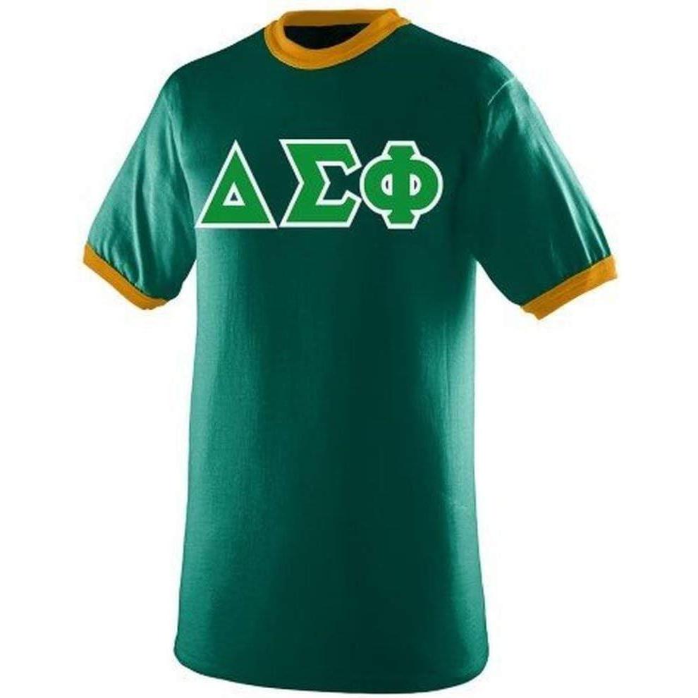 imageDelta Sigma Phi Lettered Ringer ShirtDark GreenGold