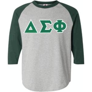 Delta Sigma Phi Lettered Raglan T-Shirt(Grey W/Dark Green)