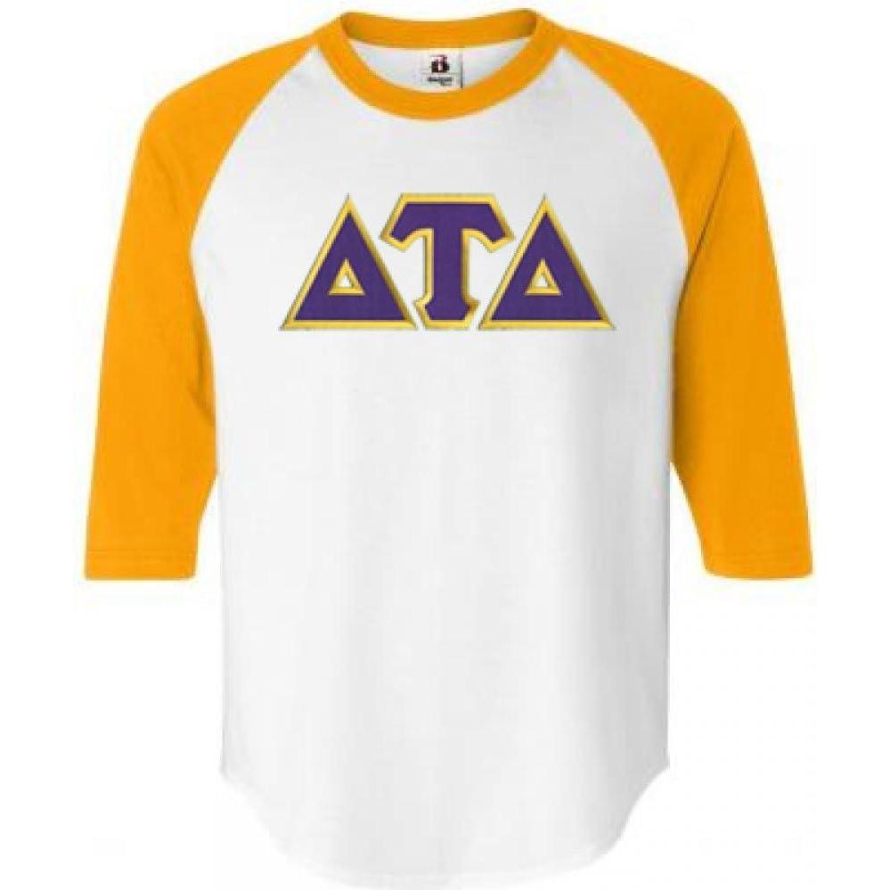 imageDelta Tau Delta Lettered Raglan TShirtWhite WGold