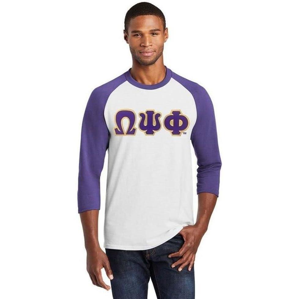 imageOmega Psi Phi Lettered Raglan ShirtWhite WNavy Blue
