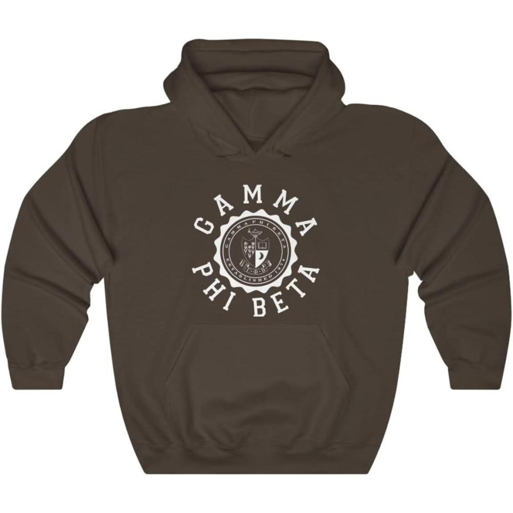imageGreekgear Gamma Phi Beta Unisex College Seal HoodieDark Chocolate