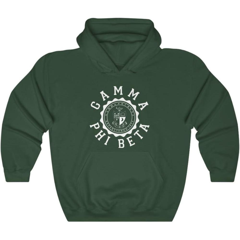 imageGreekgear Gamma Phi Beta Unisex College Seal HoodieForest Green