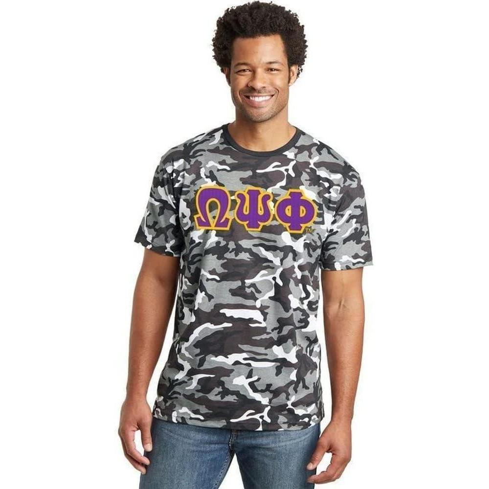 imageOmega Psi Phi Lettered Camouflage TShirtWinter Camo