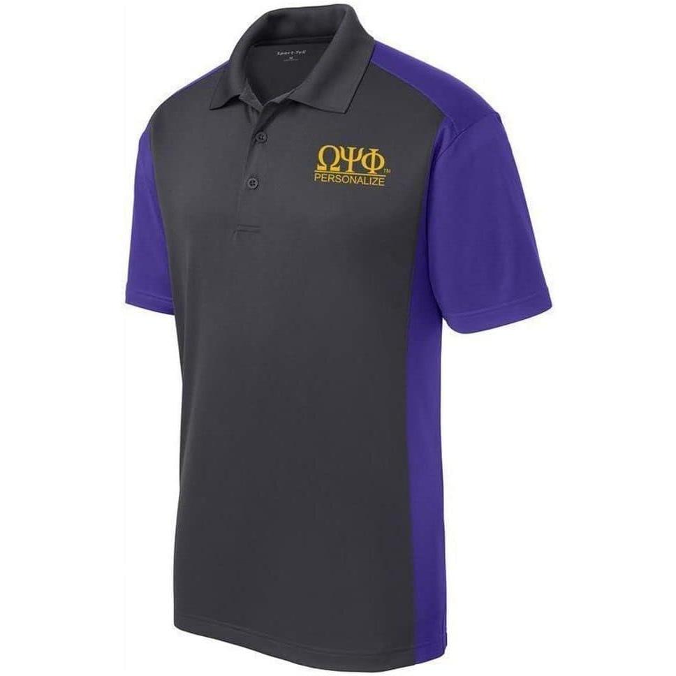 imageOmega Psi Phi World Famous Greek Colorblock Wicking PoloIron GreyPurple