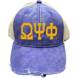 Omega Psi Phi Distressed Trucker Hat Purple/Tan