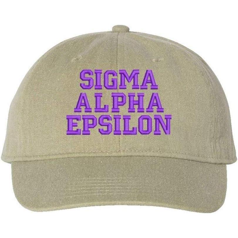 imageSigma Alpha Epsilon SAE Pigment Dyed Baseball CapKhaki WPurple Thread Color