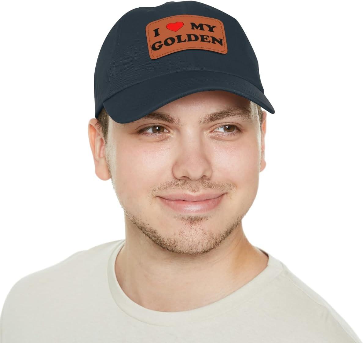 imageI Love My Golden Retriever Hat with Leather PatchNavy W Light Brown Patch