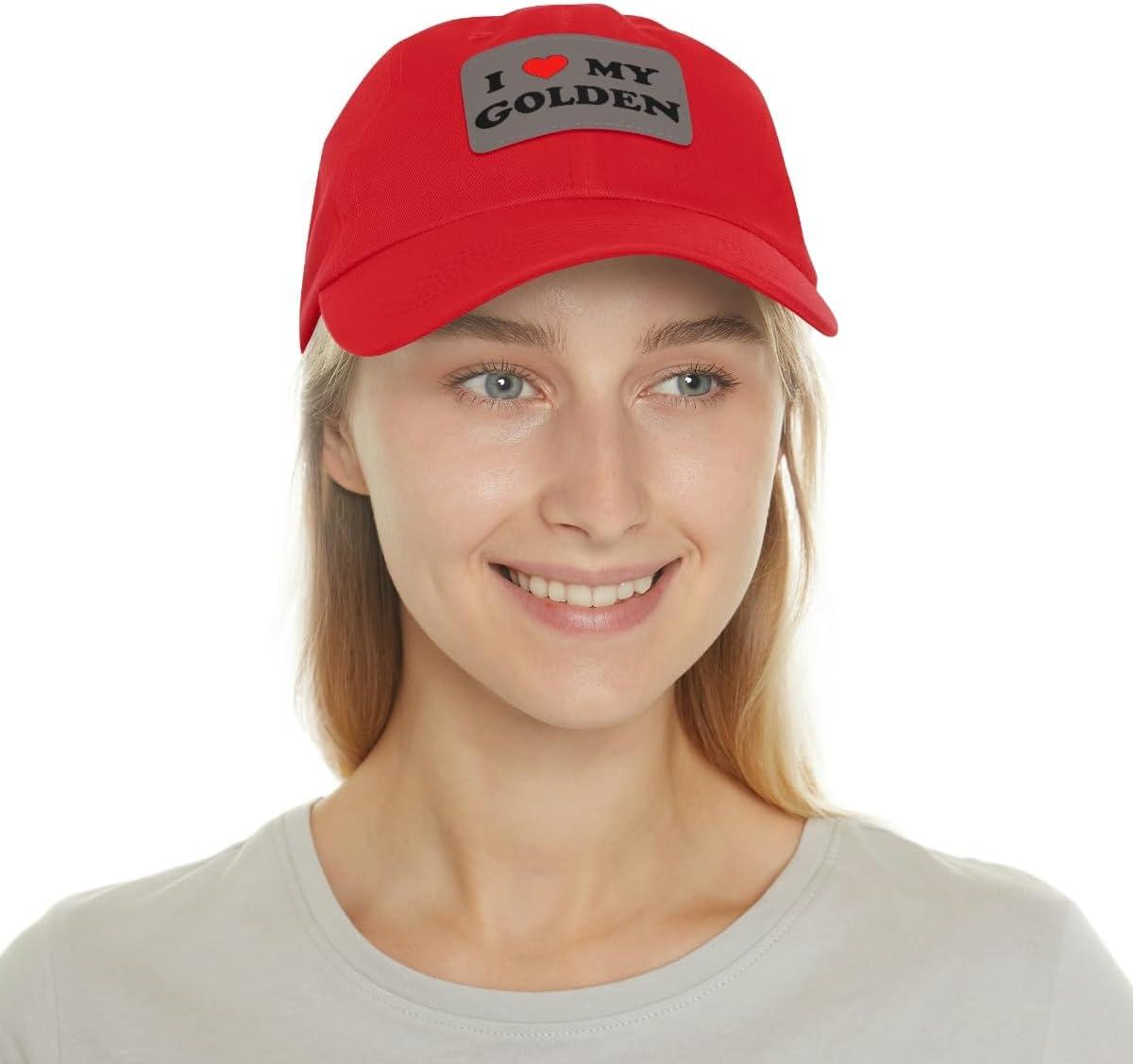 imageI Love My Golden Retriever Hat with Leather PatchRed W Grey Patch