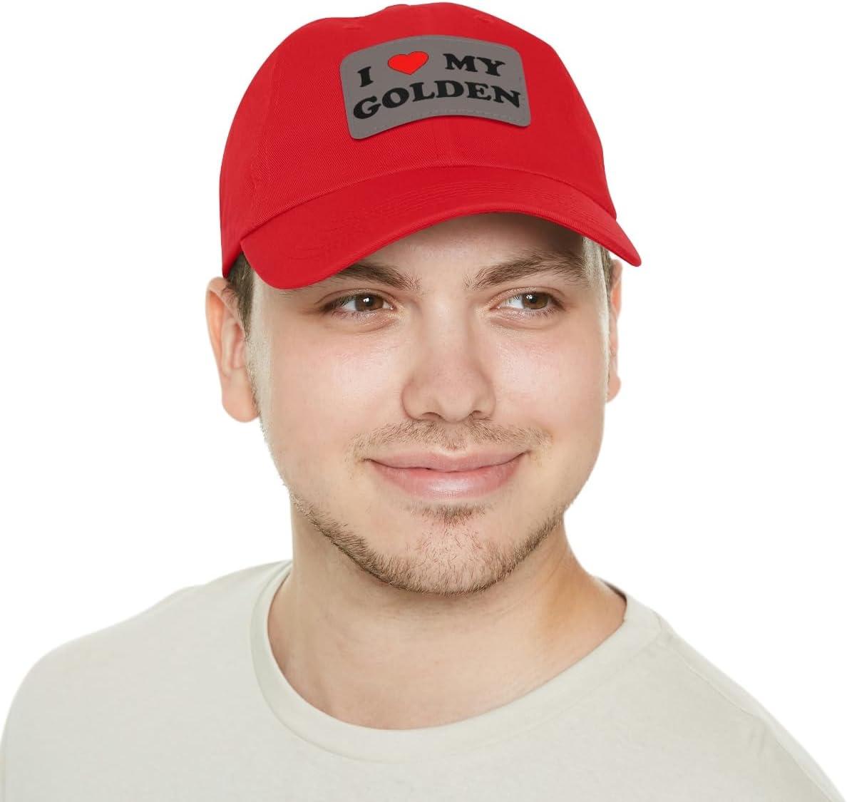 imageI Love My Golden Retriever Hat with Leather PatchRed W Grey Patch