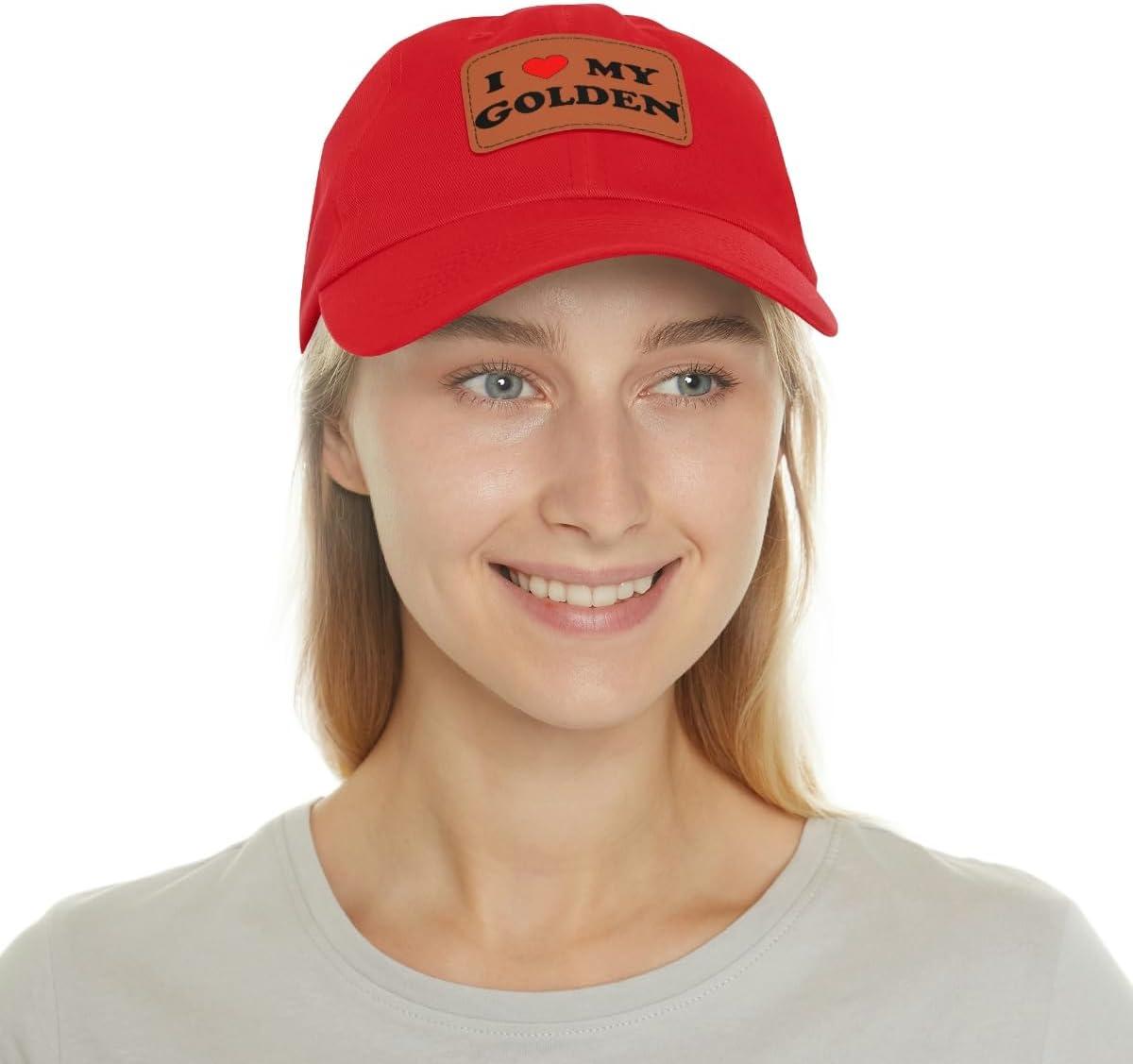 imageI Love My Golden Retriever Hat with Leather PatchRed W Light Brown Patch