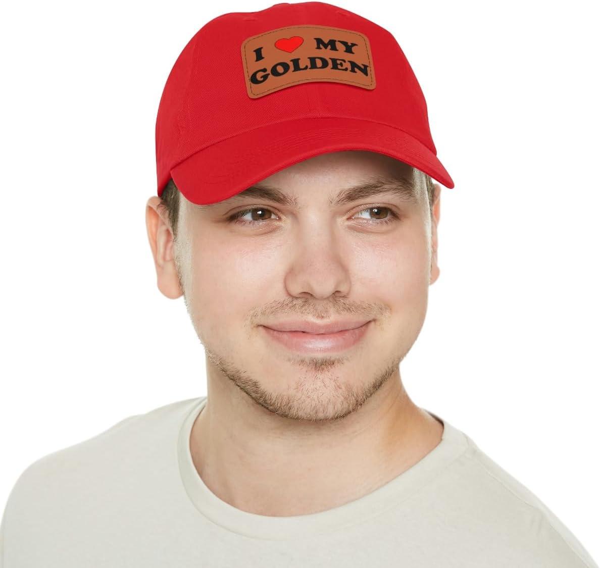 imageI Love My Golden Retriever Hat with Leather PatchRed W Light Brown Patch