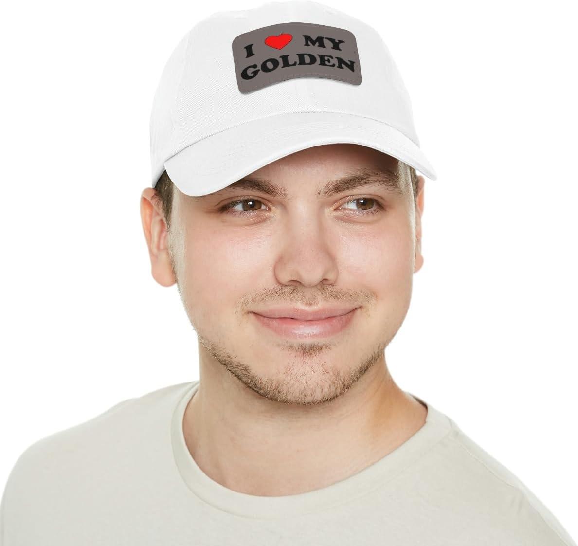 imageI Love My Golden Retriever Hat with Leather PatchWhite W Grey Patch